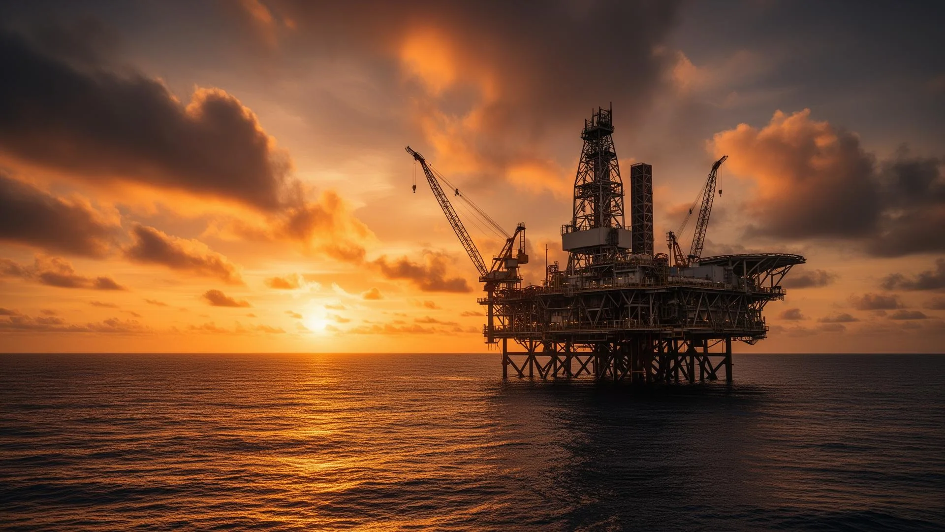 Plataforma offshore ao entardecer no mar brasileiro